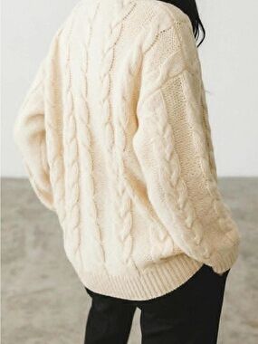 UNITED COLORS OF BENTTON Unisex Cream Cotton Cable Knit Long Sleeve Sweater - XL